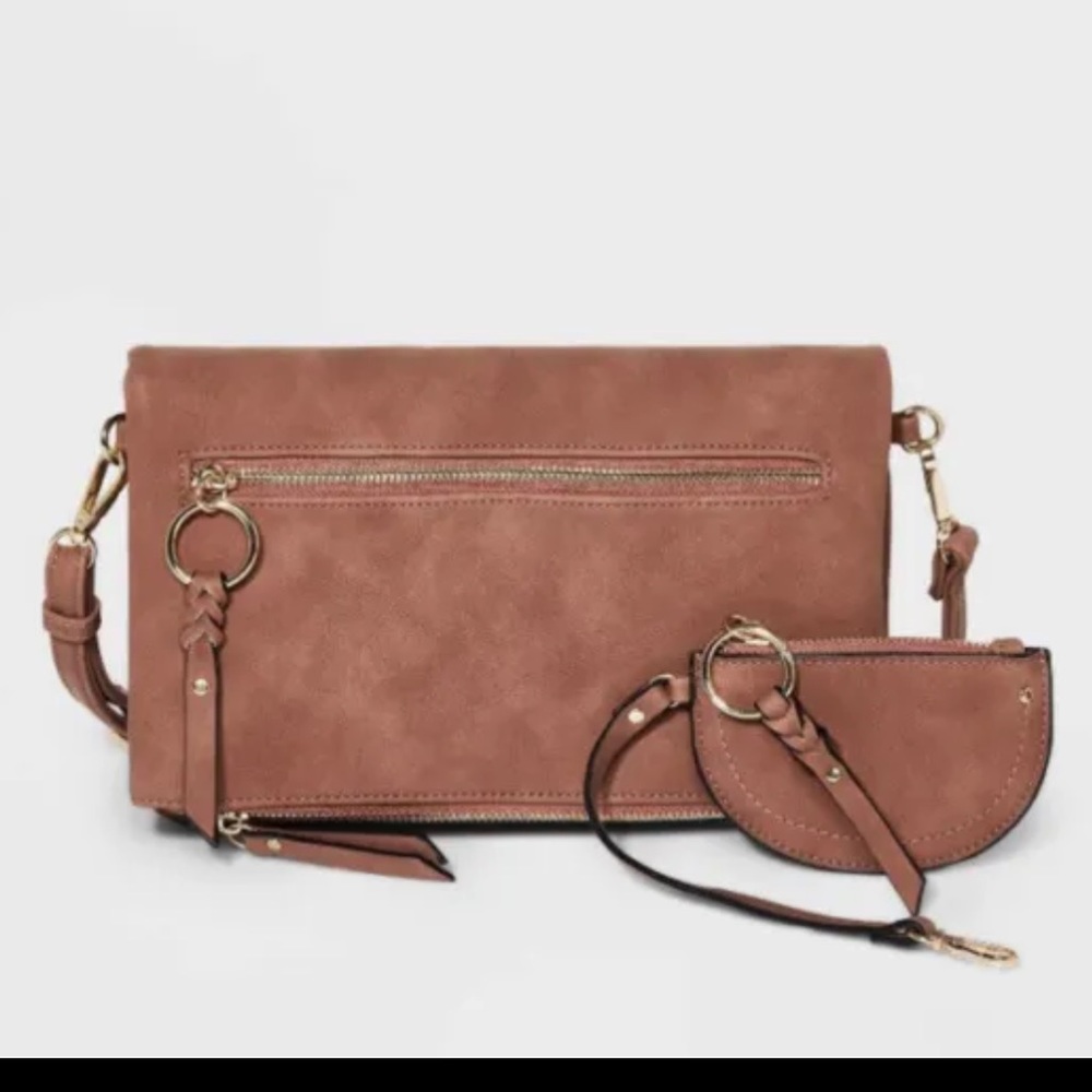 VR NYC Crossbody Bag Fold Over- Bonus Accessory Pouch Cognac NEW